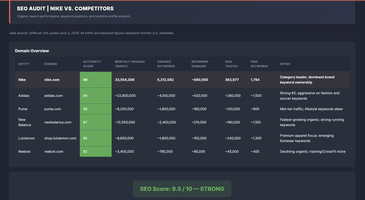 SEO audit deliverable with domain overview and score