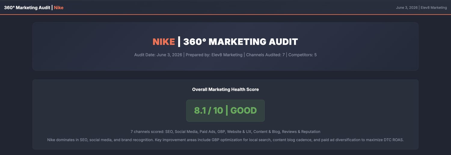 360 marketing audit with overall health score