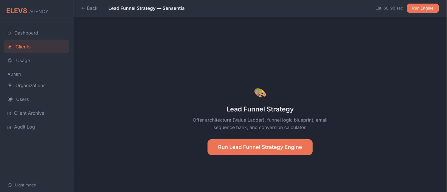 The Elev8 platform running a marketing engine